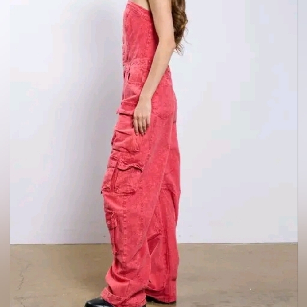 Strapless Washed Red Cargo Jumpsuit Utility Pocket Y2K Streetwear Festival - Picture 6 of 15